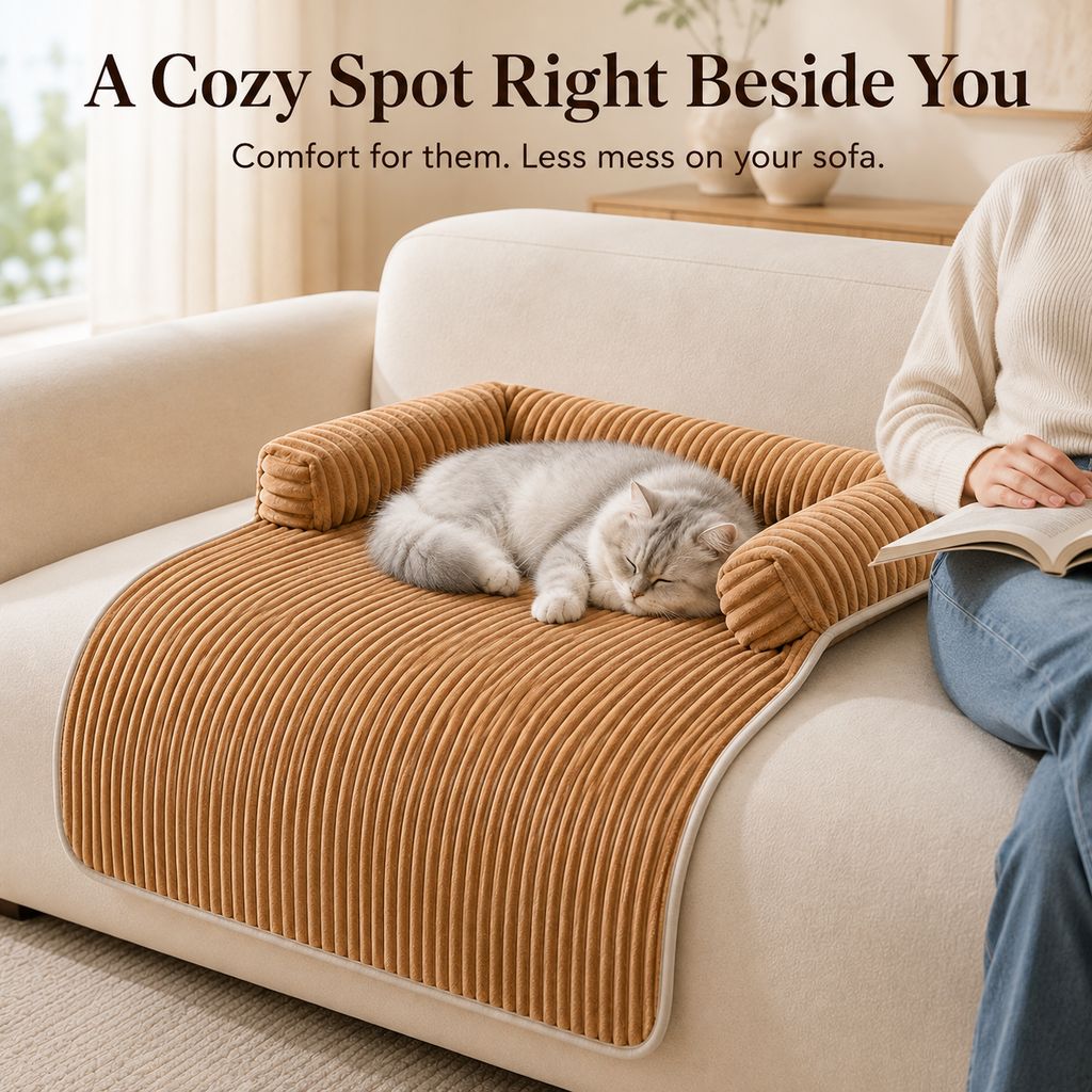 Corduroy pet couch cover creates a cozy sofa spot for cats