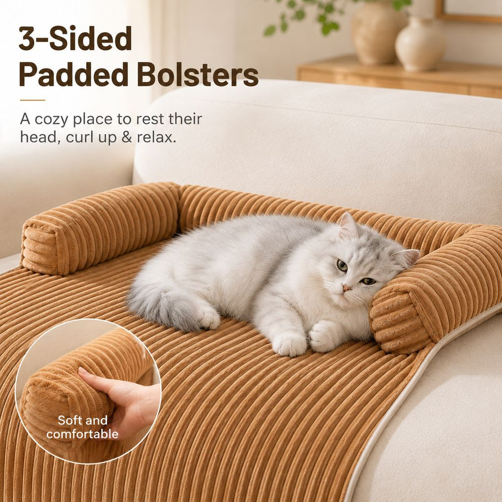 Three-sided padded bolster pet couch cover for cats