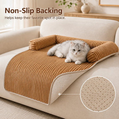 Non-slip backing detail on tan corduroy pet couch cover