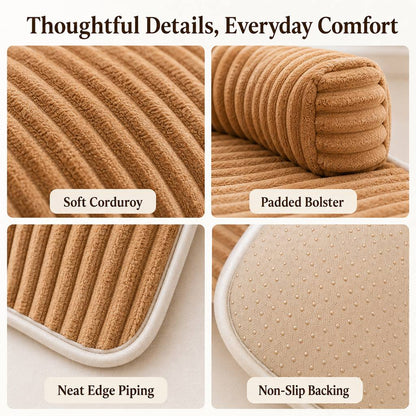 Corduroy pet couch cover details with bolster piping and non-slip backing