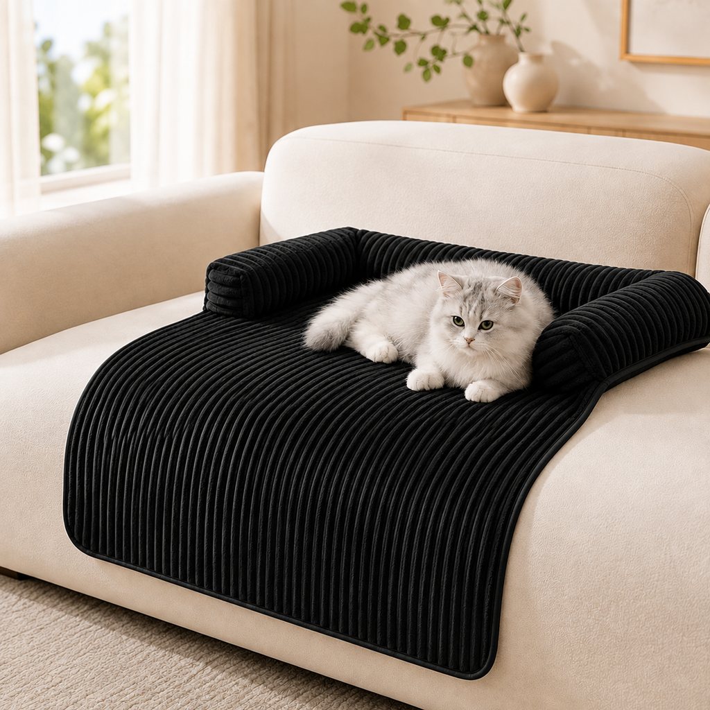 Black corduroy pet couch cover with cat on sofa