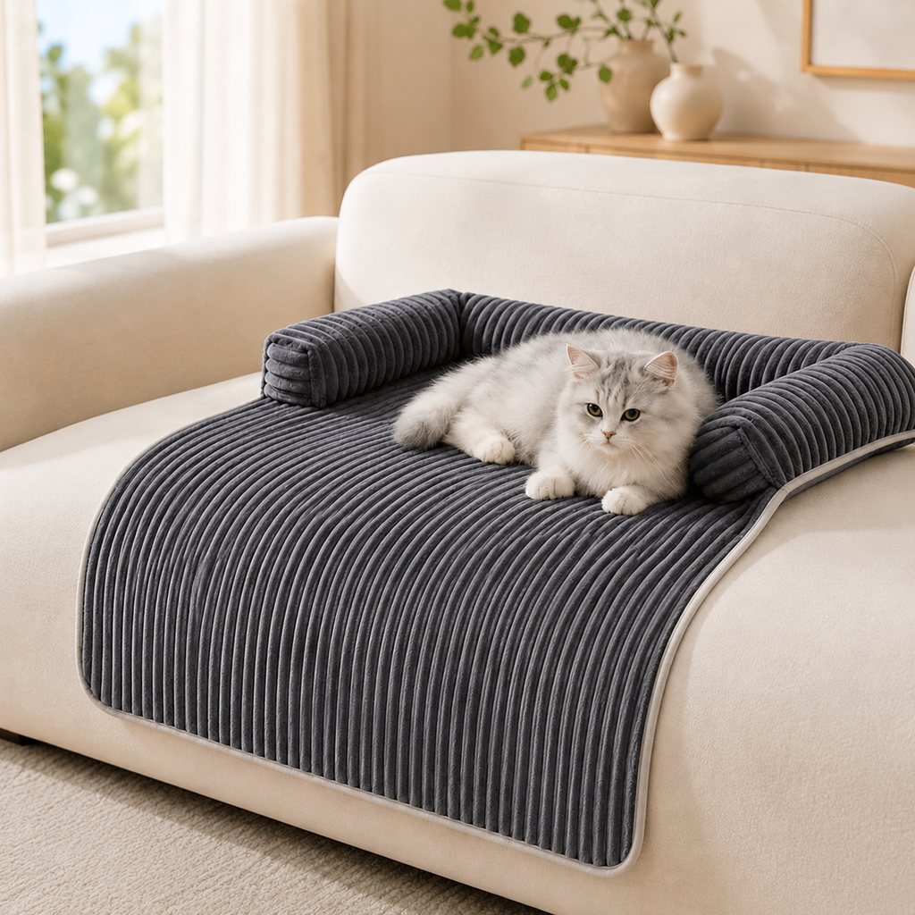 Dark gray corduroy pet couch cover with cat on sofa