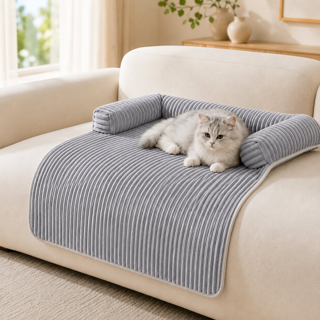 Light gray corduroy pet couch cover with cat on sofa