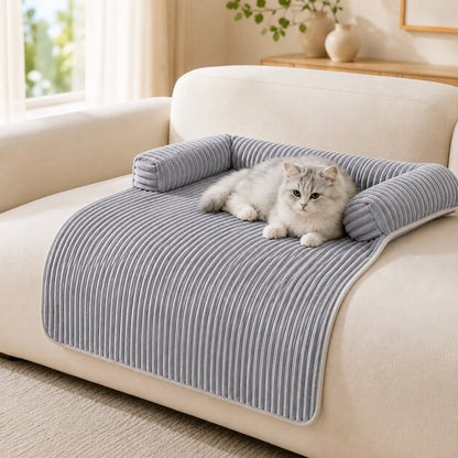 Light gray corduroy pet couch cover with cat on sofa