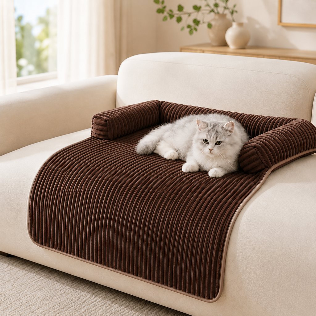 Brown corduroy pet couch cover with cat on sofa