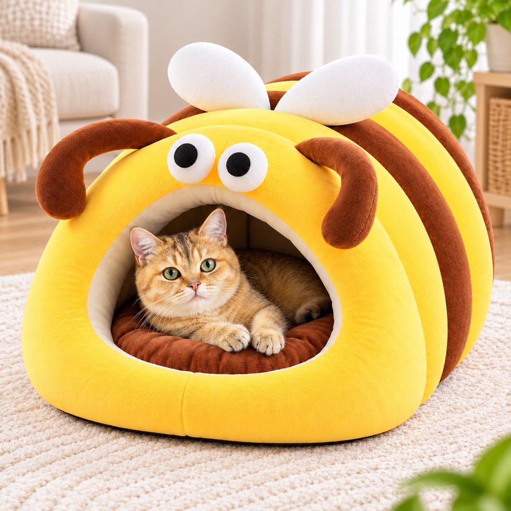 Yellow and brown bee cave cat bed with a cat resting inside