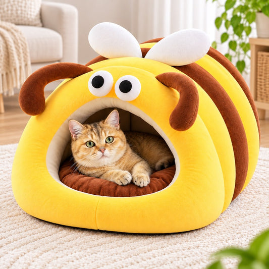 Yellow and brown bee cave cat bed with a cat resting inside
