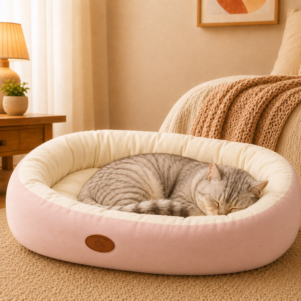 Paws in Awe Cozy Oval Bolster Pet Bed for Cats & Dogs, Fleece or All-Season Indoor Bed for Cold Floors image 1