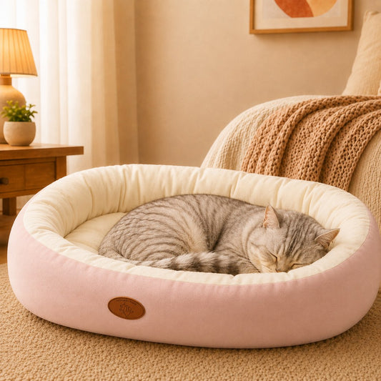Paws in Awe Cozy Oval Bolster Pet Bed for Cats & Dogs, Fleece or All-Season Indoor Bed for Cold Floors image 1