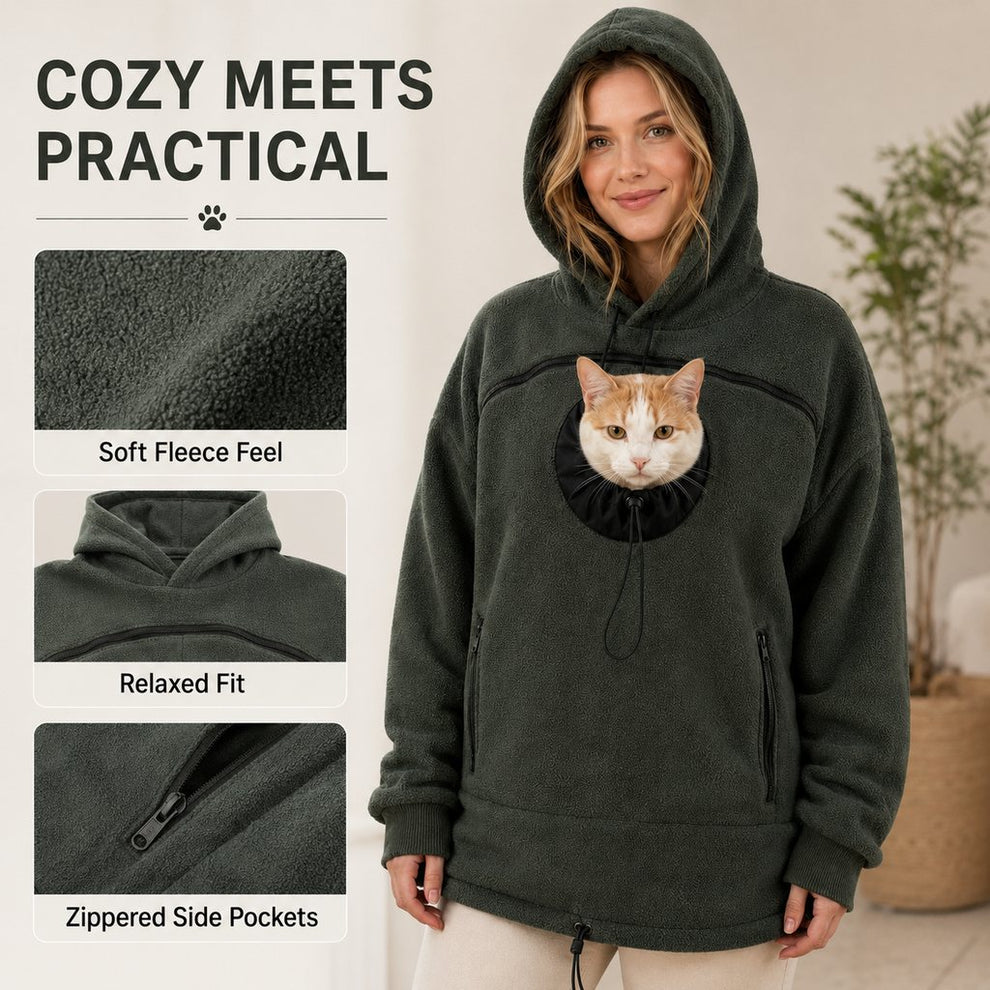 Cozy practical pet carrier hoodie with pockets and fleece texture