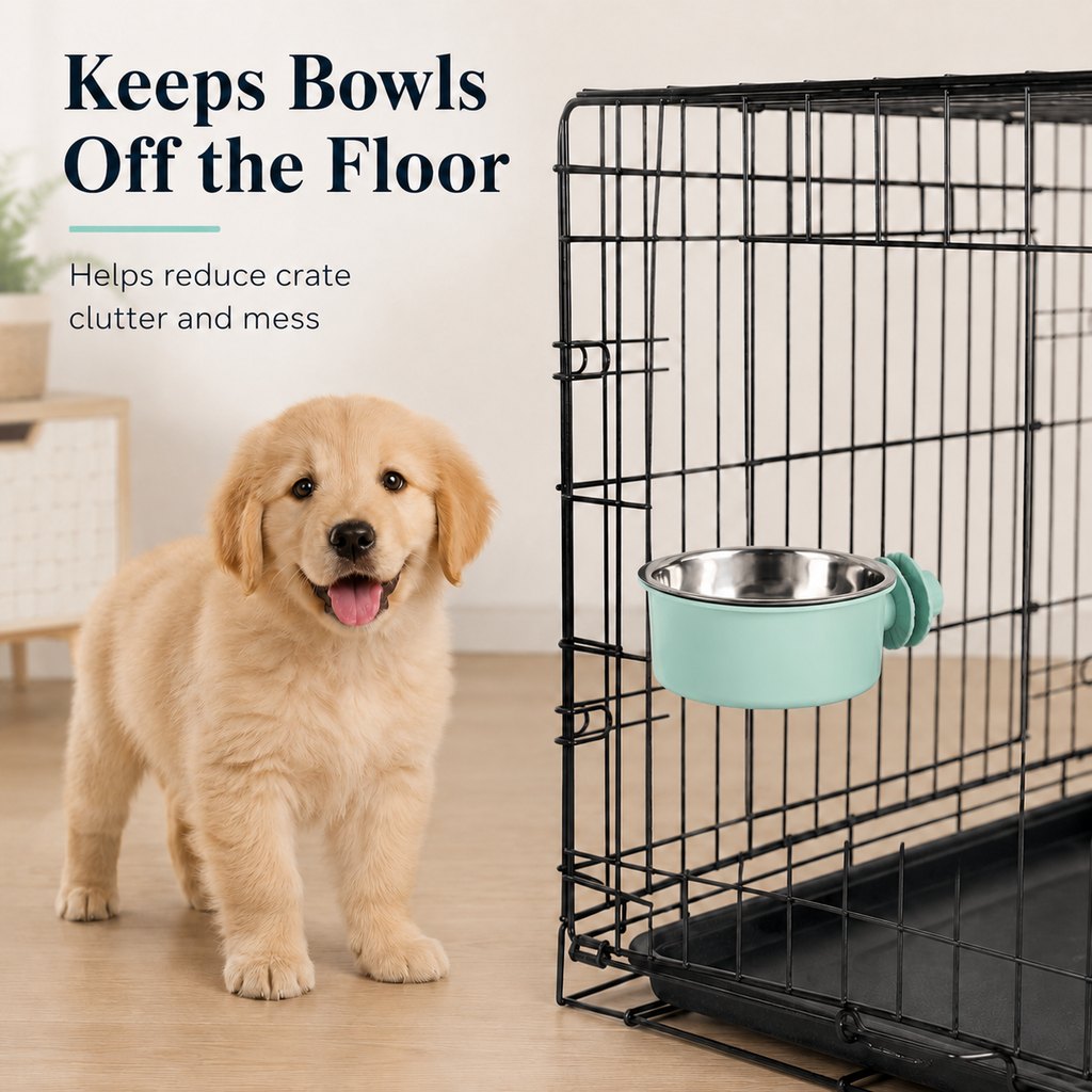 Crate-mounted stainless steel pet bowl for dogs and cats