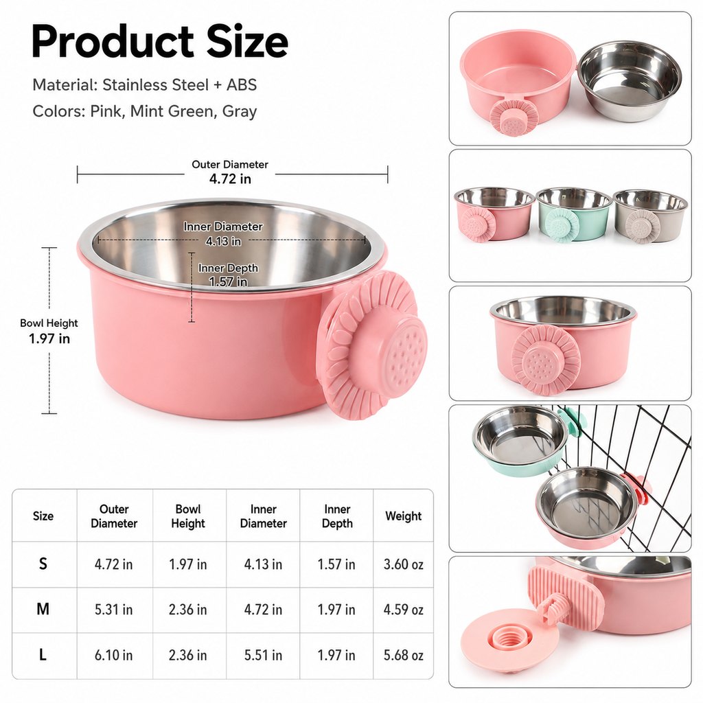 Crate-mounted stainless steel pet bowl for dogs and cats