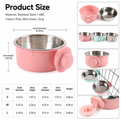 Crate-mounted stainless steel pet bowl for dogs and cats