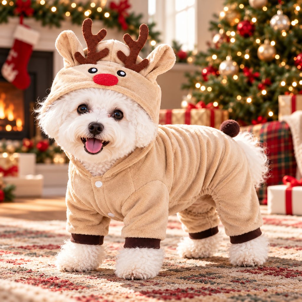 beige Christmas reindeer dog onesie with plush hood and four-leg design