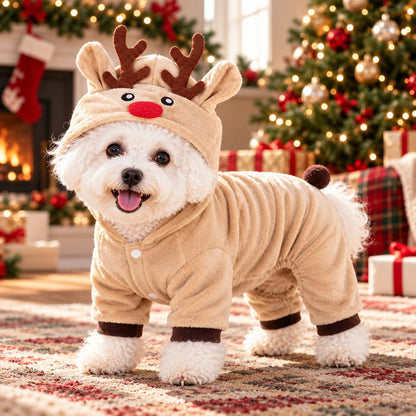 beige Christmas reindeer dog onesie with plush hood and four-leg design