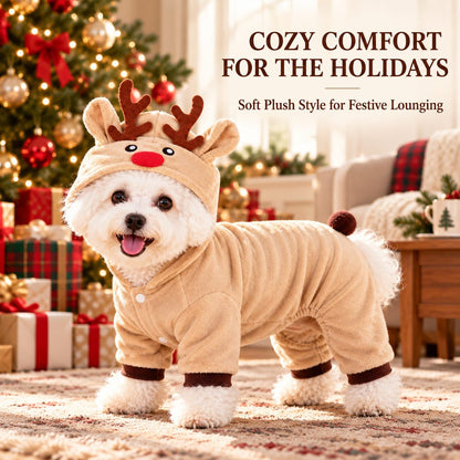 small dog wearing a beige reindeer onesie for cozy holiday lounging