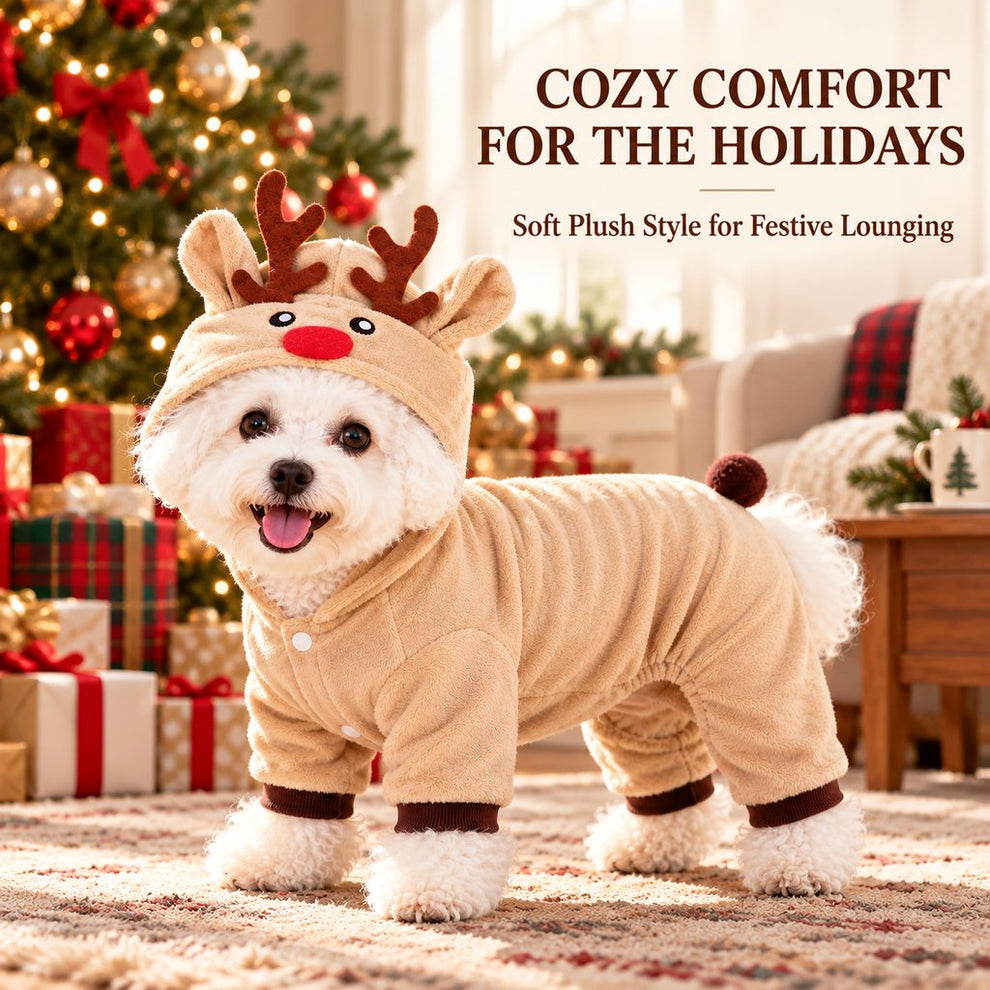 small dog wearing a beige reindeer onesie for cozy holiday lounging