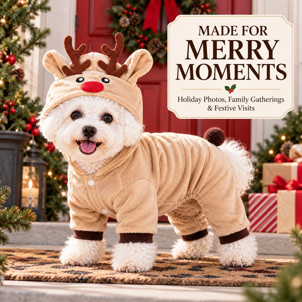 beige plush dog Christmas pajamas for holiday photos and gatherings
