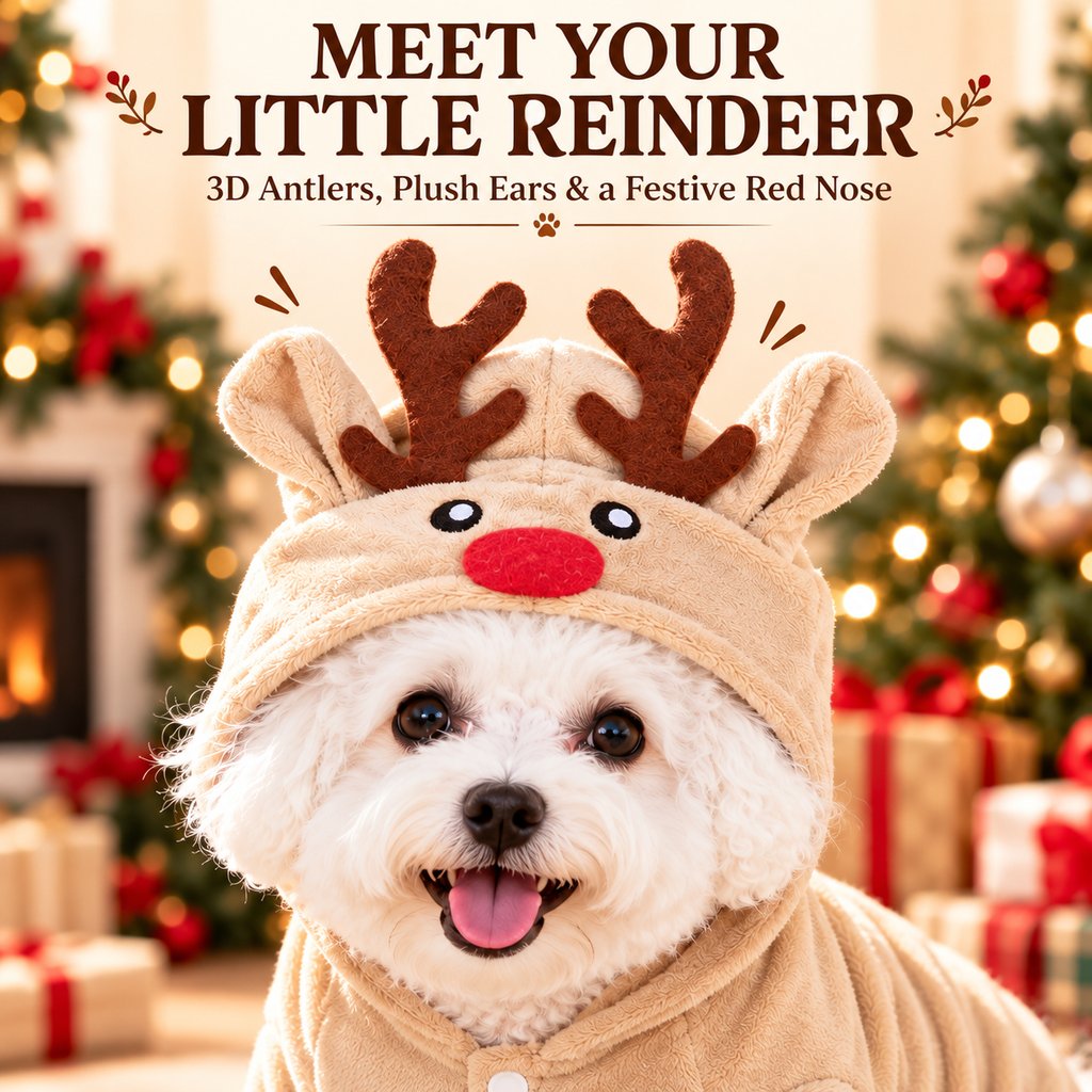 close-up of the reindeer hood on a Christmas dog costume