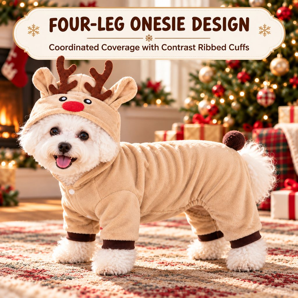 four-leg Christmas dog onesie with dark brown ribbed cuffs