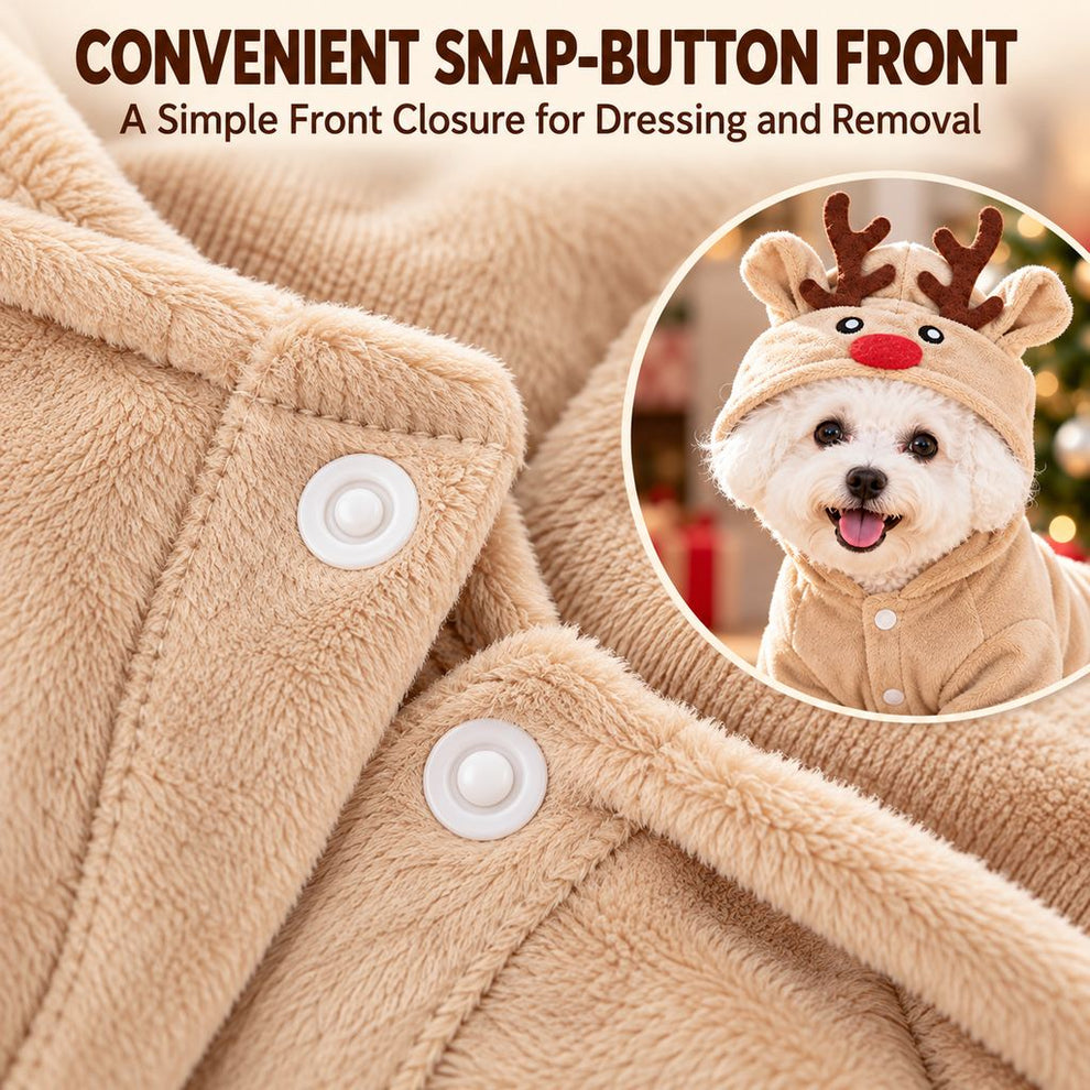 white snap-button front closure on a plush reindeer dog onesie
