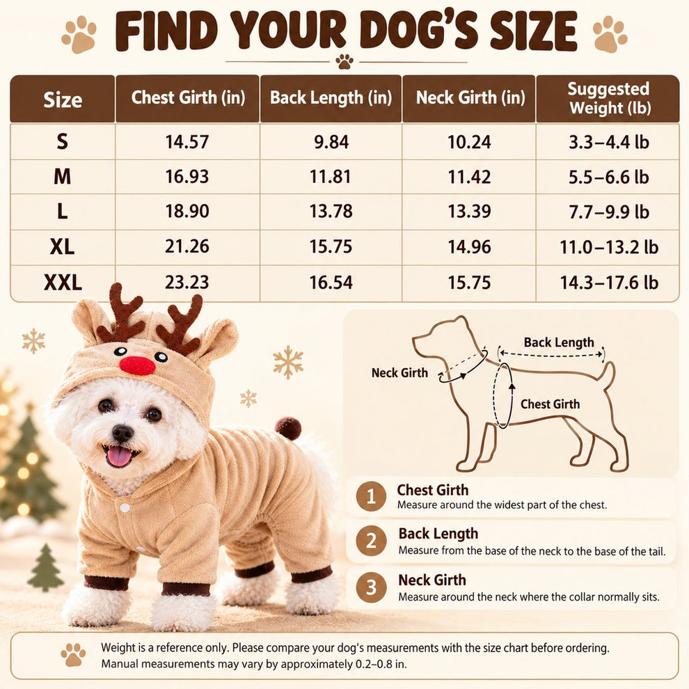 Christmas dog onesie size chart for sizes S through XXL