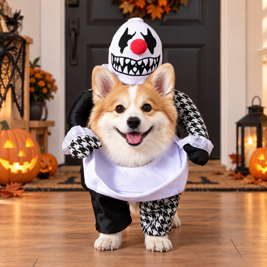 Creepy clown dog costume with padded fake arms for Halloween
