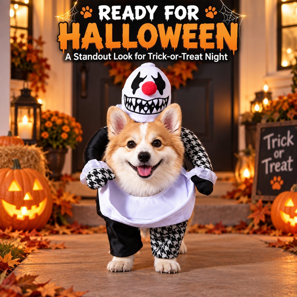 Creepy clown dog costume for Halloween photos and parties