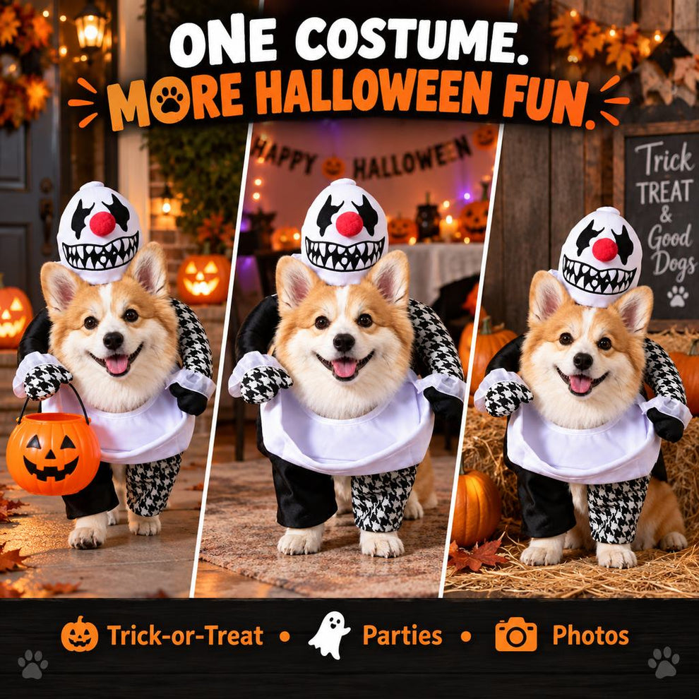 Photo-ready creepy clown dog costume for Halloween