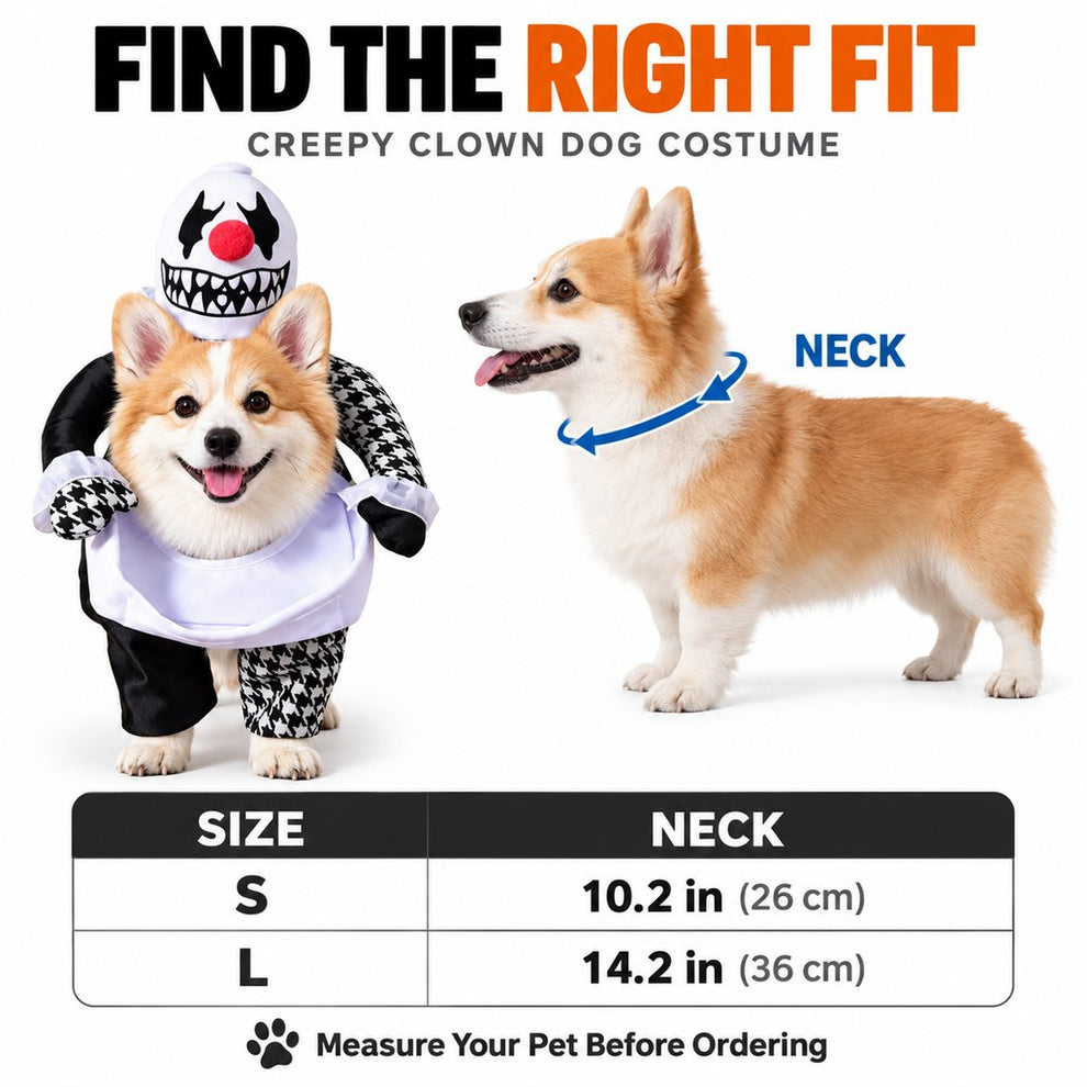 Creepy clown dog costume neck size guide Small and Large