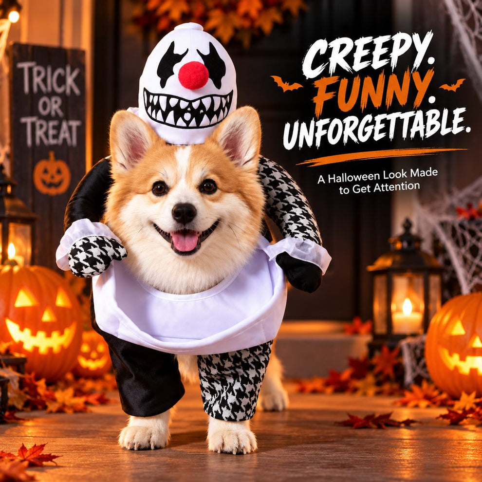 Creepy clown pet costume character view with fake arms