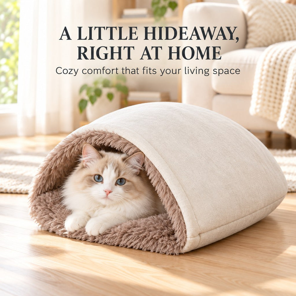 ivory plush cat cave sleeping bag in a modern home