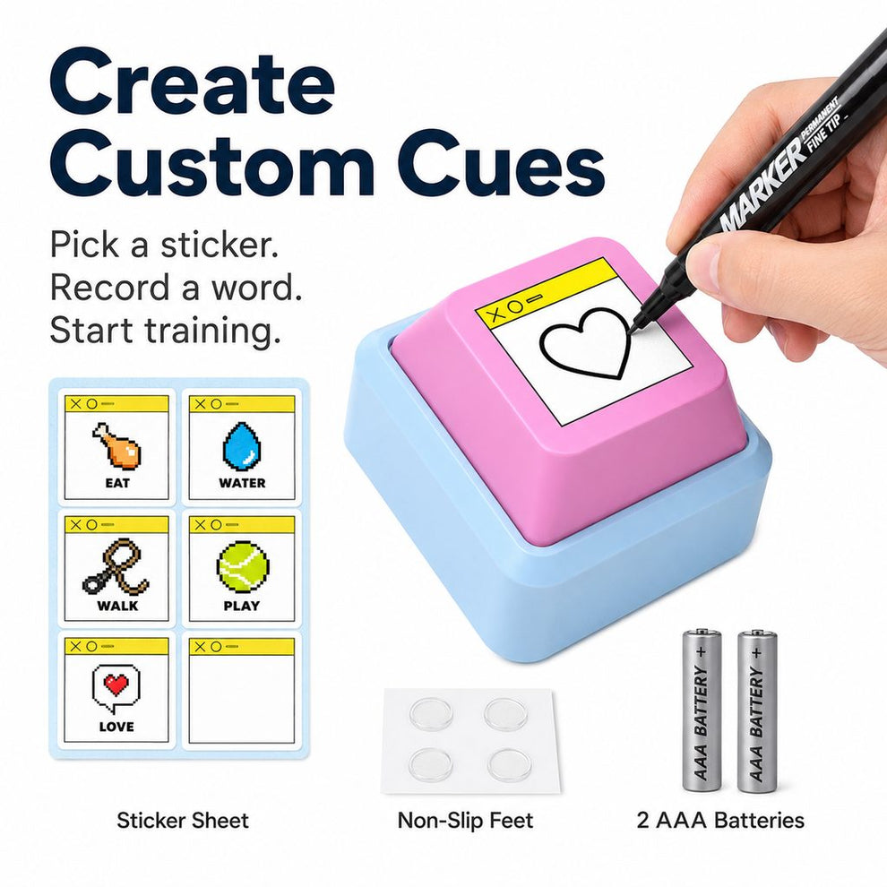 Custom cue stickers for pet training button
