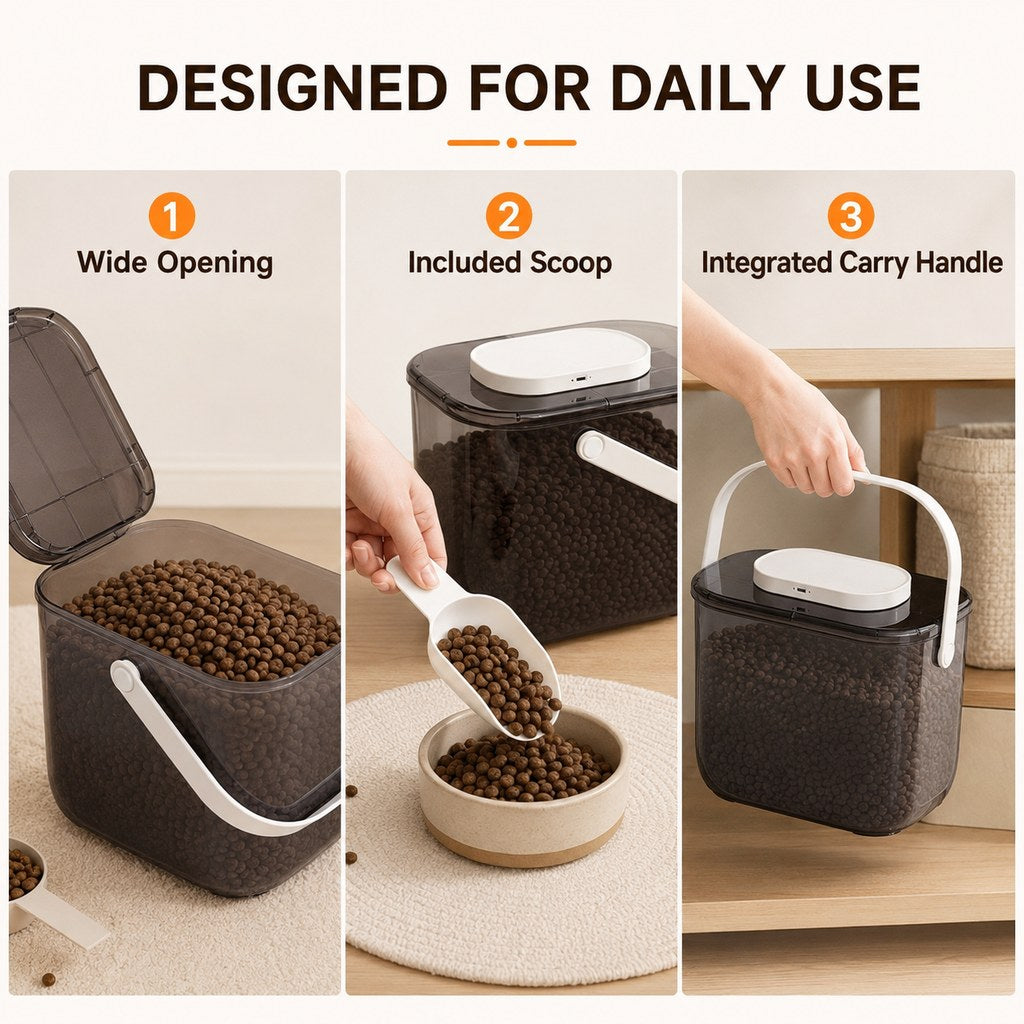 Daily use pet food storage container with scoop and handle