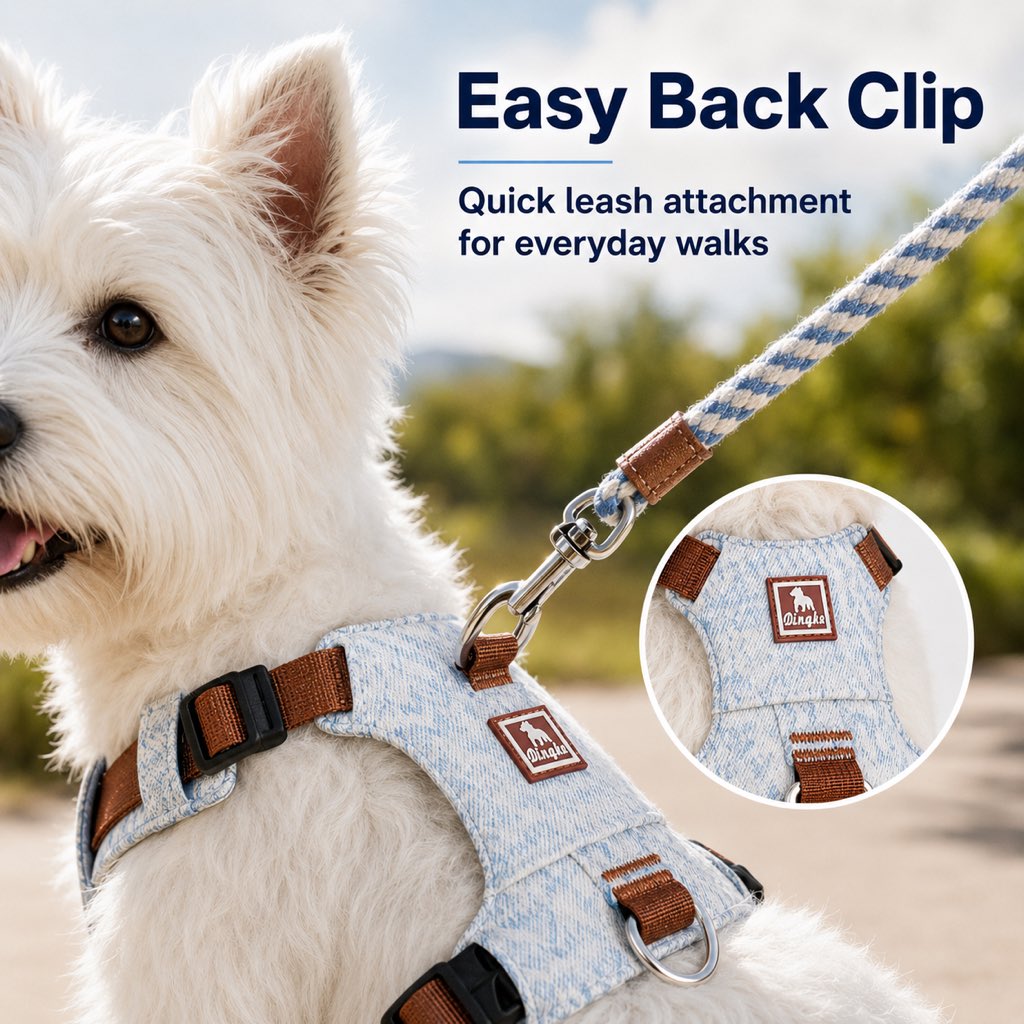 Paws in Awe Vintage Denim No-Pull Dog Harness &5 ft Rope Leash Set - Soft Adjustable Vest for Everyday Walks, Better Control & Low-Light Visibility image 4