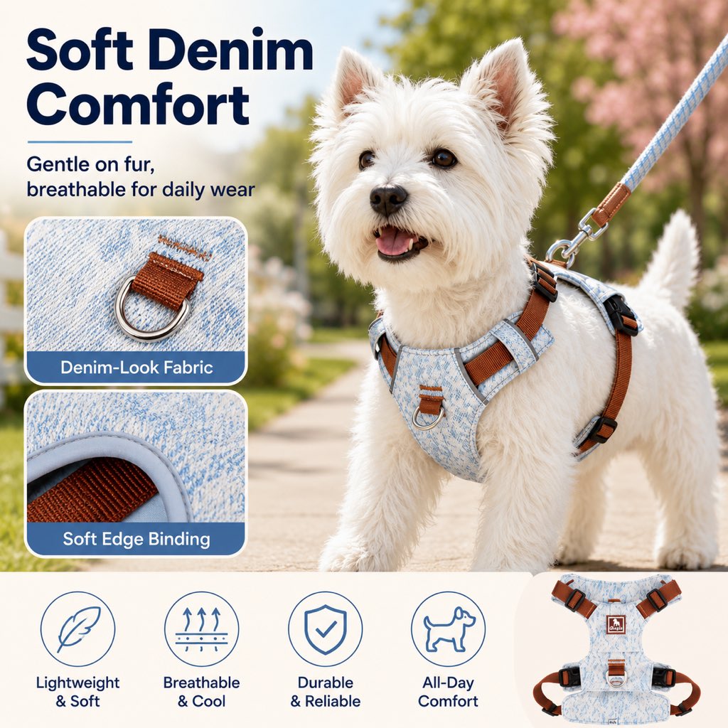 Paws in Awe Vintage Denim No-Pull Dog Harness &5 ft Rope Leash Set - Soft Adjustable Vest for Everyday Walks, Better Control & Low-Light Visibility image 8