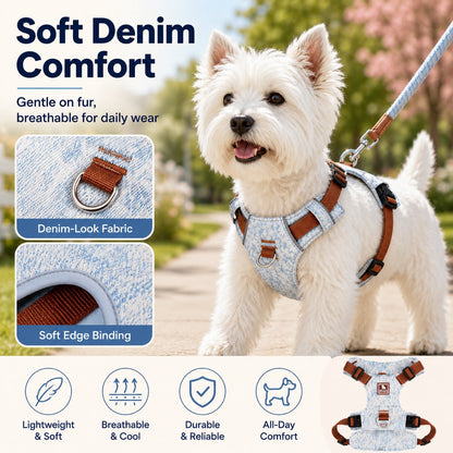 Paws in Awe Vintage Denim No-Pull Dog Harness &5 ft Rope Leash Set - Soft Adjustable Vest for Everyday Walks, Better Control & Low-Light Visibility image 8