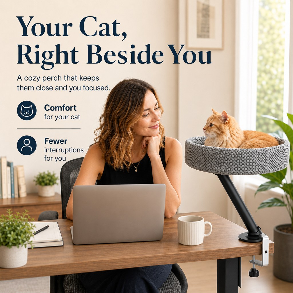 Paws in Awe Desk Mounted Cat Bed Perch for Home Office - Space Saving Elevated Cat Lounger with Soft Breathable Fabric for Cats to Relax Beside Your Workspace image 3