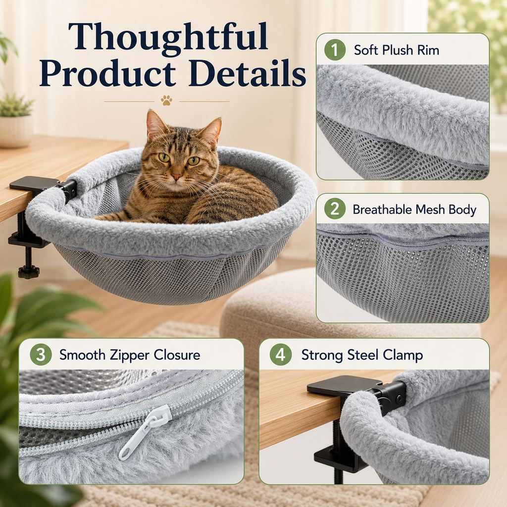Paws in Awe Desk-Mounted Cat Bed for Home Offices - Space-Saving Clamp-On Cat Hammock image 8