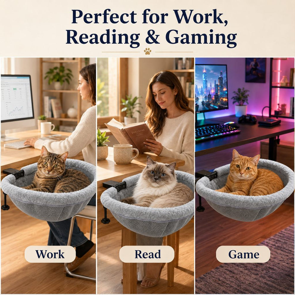 Paws in Awe Desk-Mounted Cat Bed for Home Offices - Space-Saving Clamp-On Cat Hammock image 3