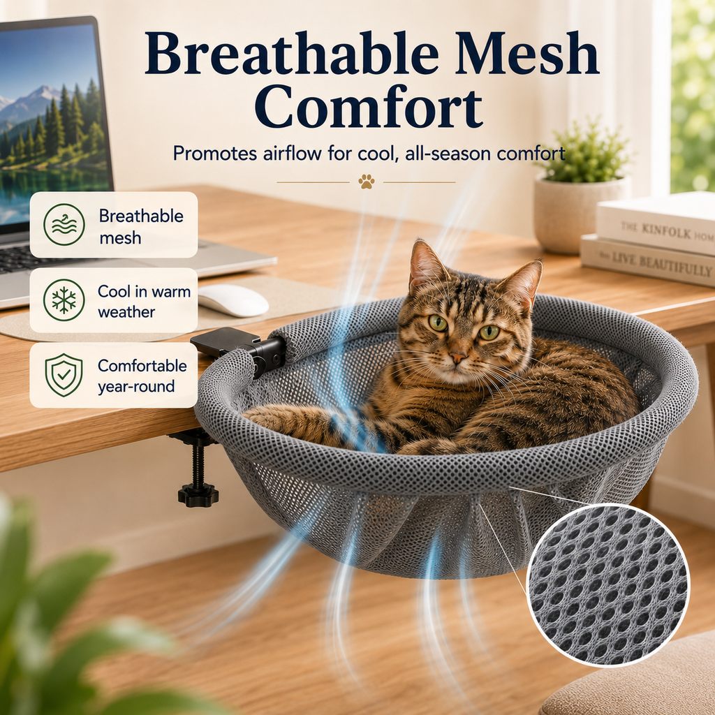 Paws in Awe Desk-Mounted Cat Bed for Home Offices - Space-Saving Clamp-On Cat Hammock image 5