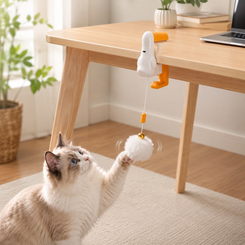 Desk clamp automatic cat teaser toy with moving pom ball for indoor cats