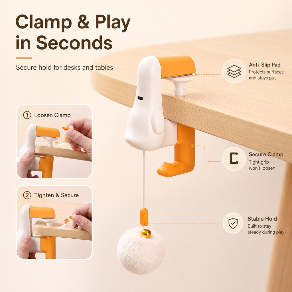 Desk clamp cat toy installs quickly on desk or side table edge