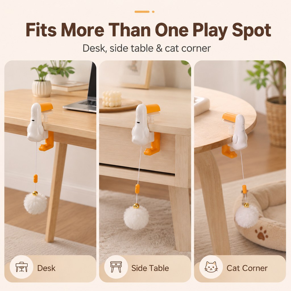 Desk clamp cat toy can fit desk side table or cat corner play spots