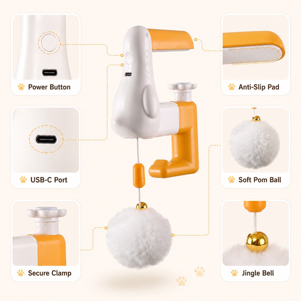 Desk clamp cat toy details with power button USB-C port secure clamp soft pom ball and jingle bell