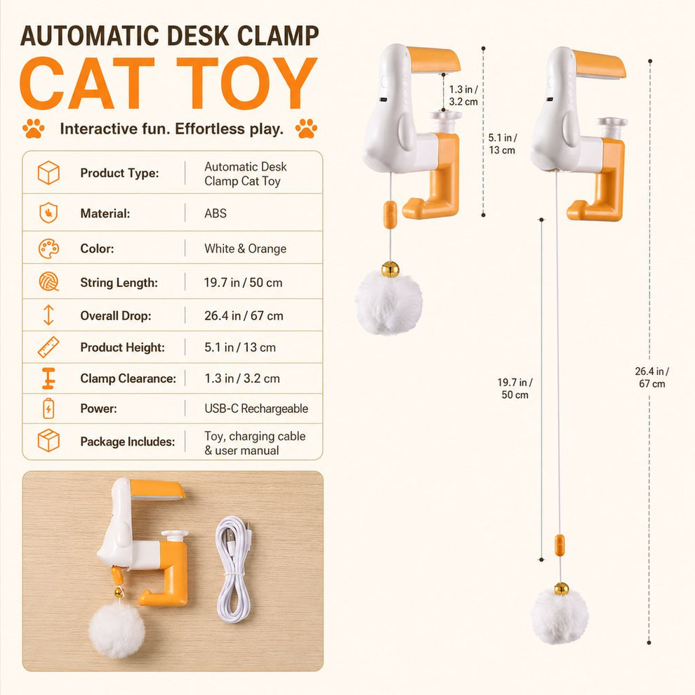 Desk clamp automatic cat teaser toy product specs with USB-C charging and package size