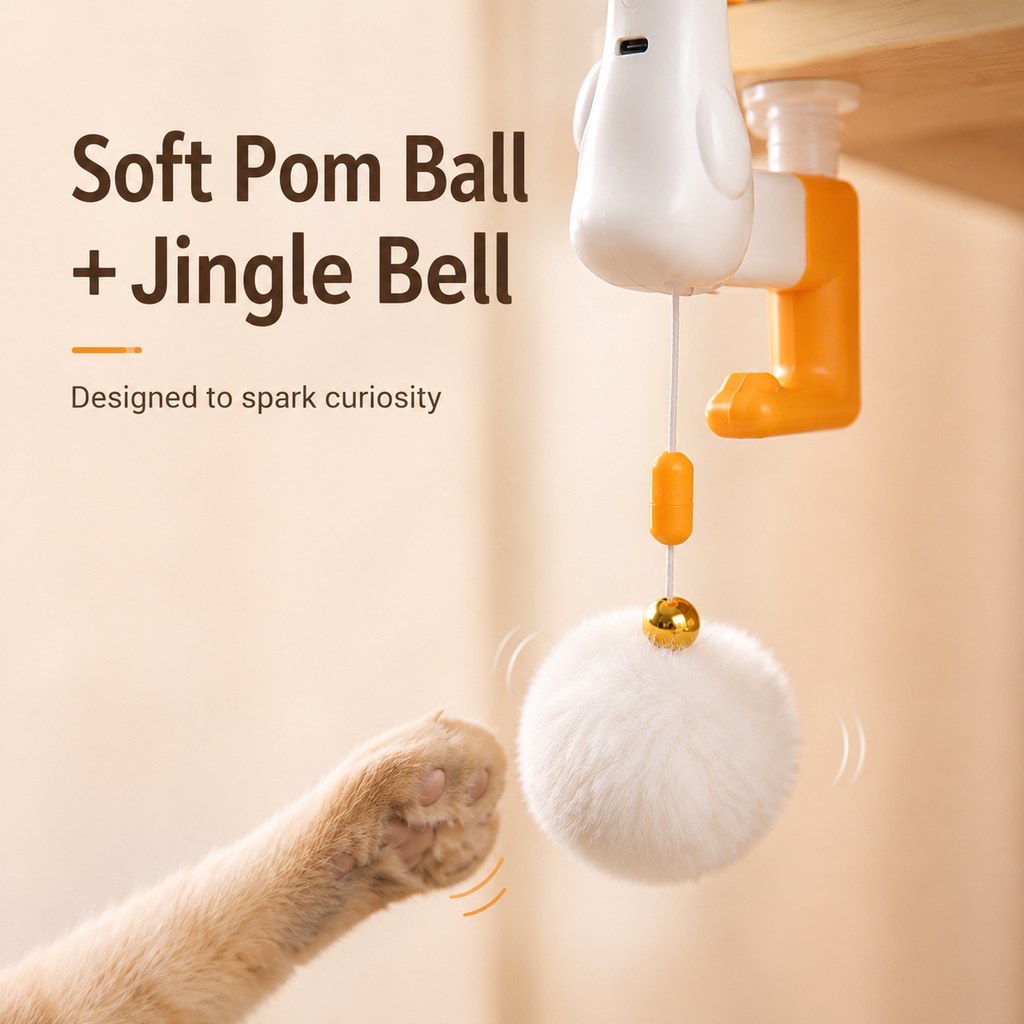 Soft pom ball with jingle bell on desk clamp cat teaser toy
