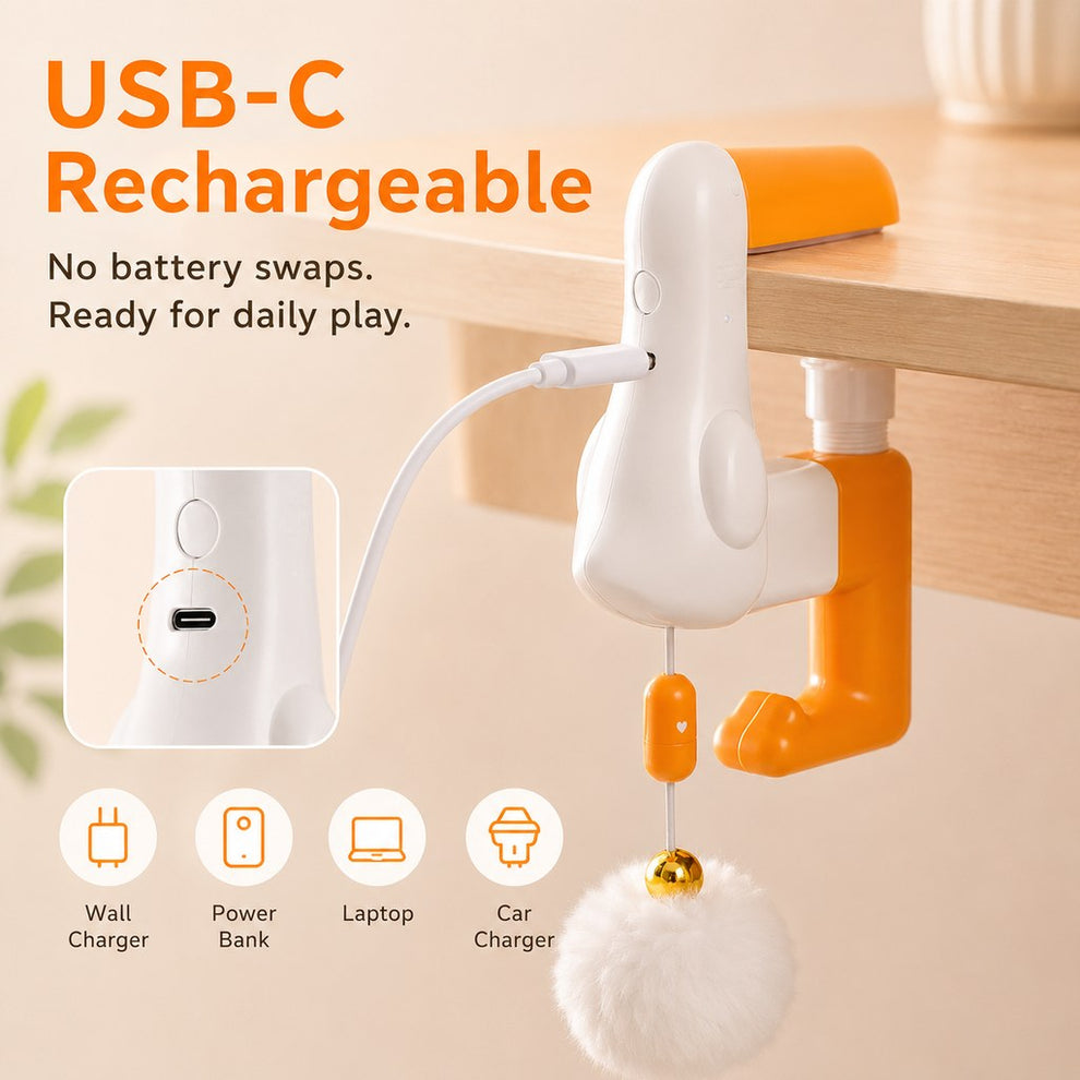 USB-C rechargeable hanging cat toy clipped to a desk for hands-free indoor play