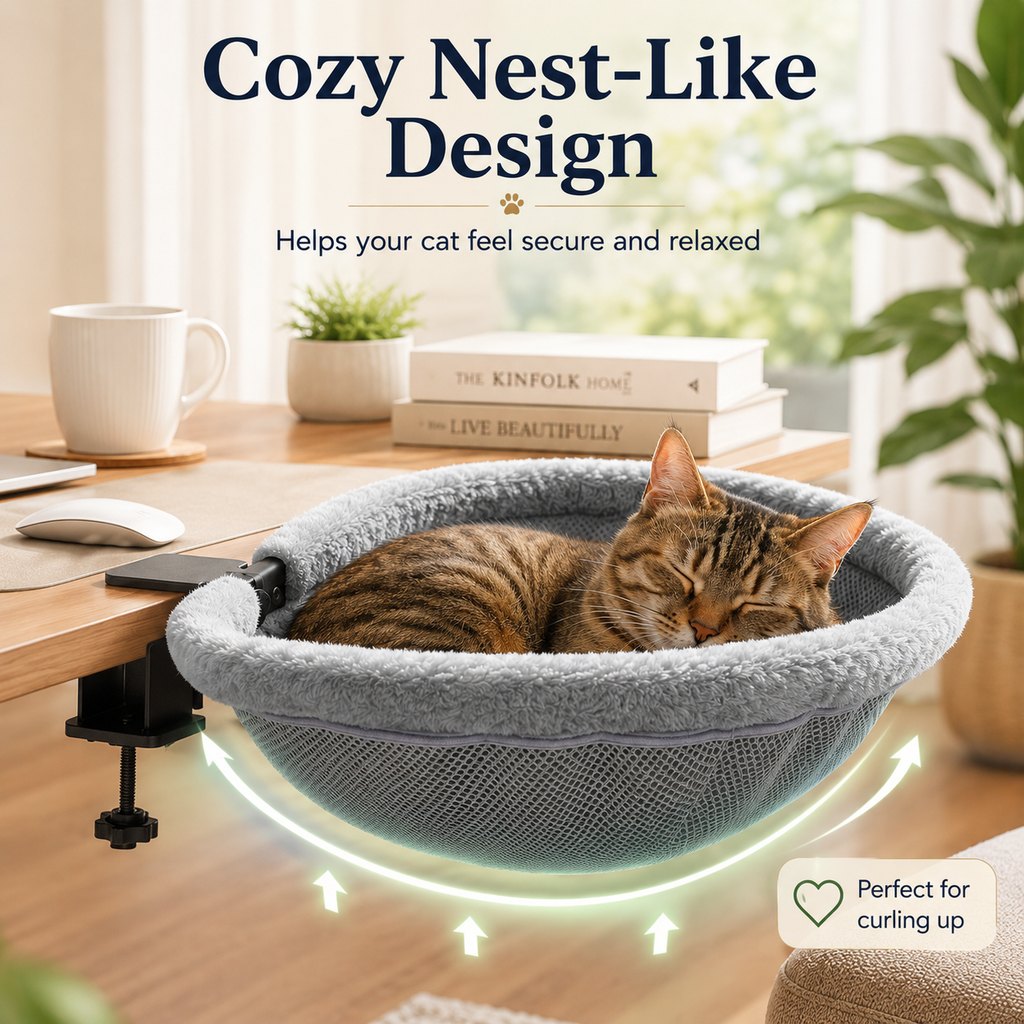 Paws in Awe Desk-Mounted Cat Bed for Home Offices - Space-Saving Clamp-On Cat Hammock image 4