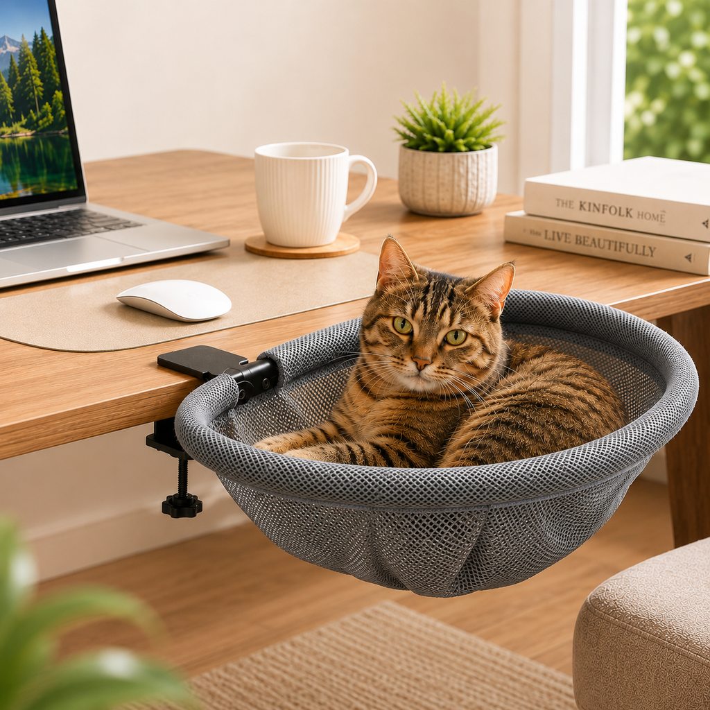 Paws in Awe Desk-Mounted Cat Bed for Home Offices - Space-Saving Clamp-On Cat Hammock image 1